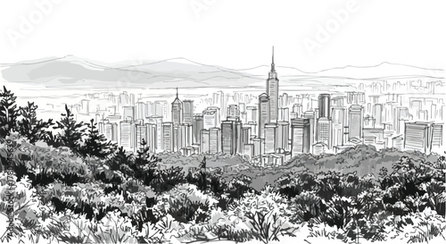 City skyline viewed from green hills, urban landscape perspective pencil sketch.