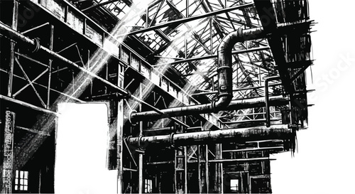 Industrial factory interior with steel beams and machinery, architectural pencil study.