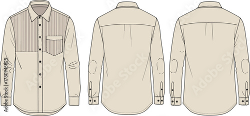 Long sleeve shirt technical sketch, front back side view, fashion flat drawing, garment design, apparel template, menswear illustration, vector