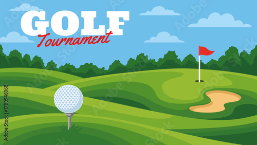 Golf tournament banner with green course and flag. Golf sport background with ball on tee and putting green illustration. Golf event flyer with red flag and fairway field vector. Golfing sport poster