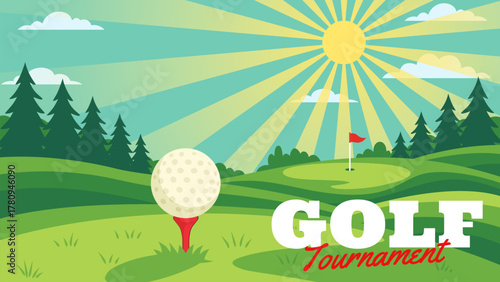 Golf course with ball on tee and flag hole under bright sky illustration background for sport. Golf sport league banner with sun rays and green field. Golf event poster with sunrise scenery for event