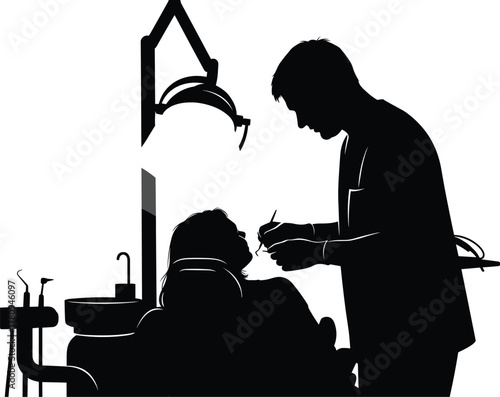Silhouette of professional dentist examining patient in modern dental clinic chair, oral health care concept vector illustration for medical design, hygiene, treatment