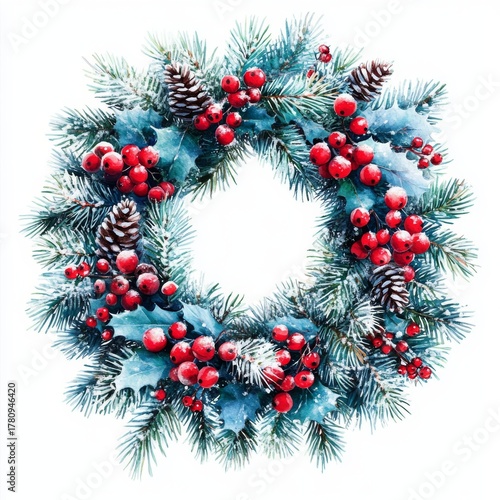 A handmade watercolor Christmas wreath is depicted on this holiday card