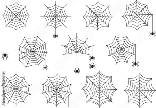 Spider and web vector collection, Halloween cobweb illustration set, black spiders hanging on silk threads, spooky creepy decoration for horror design