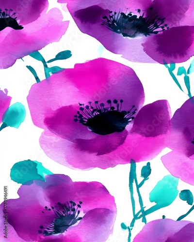 A seamless pattern of watercolor flowers is characterized by gentle colors