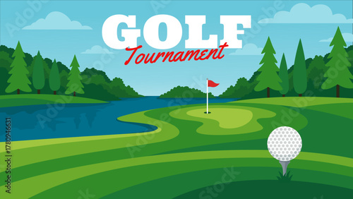 Golf club banner with lake and green course illustration. Golf event poster with water hazard and red flag in flat design. Summer golf championship background with scenic nature course vector