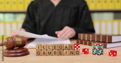 Judge reviews case on illegal gambling in courtroom with dice and gavel displayed prominently