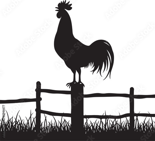 Black silhouette of a rooster perched on a fence post