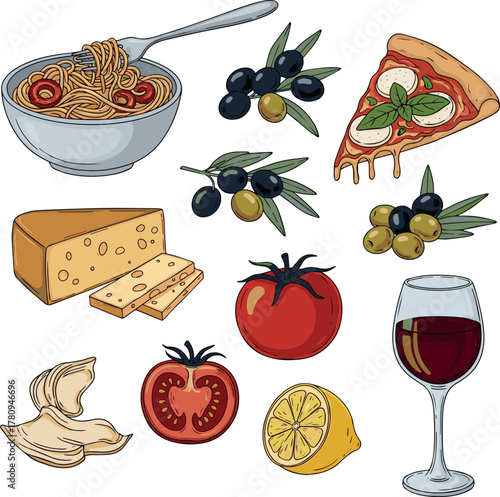 Isolated a Collection hand drawn italian food. Summer vacation aesthetic. Mediterranean lunch and dinner. Pasta, olive, pizza, cheese, tomato, lemon, wine. Perfect for print, design menu, vector art.