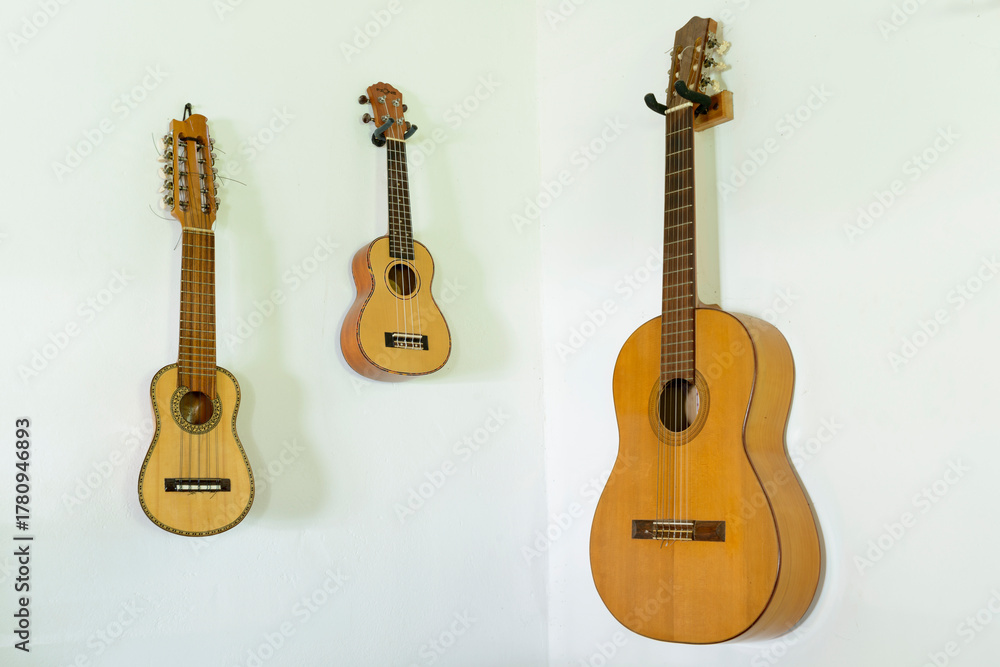 Fototapeta premium Wooden Instruments - Guitars, Ukelele, Charango - on a white wall