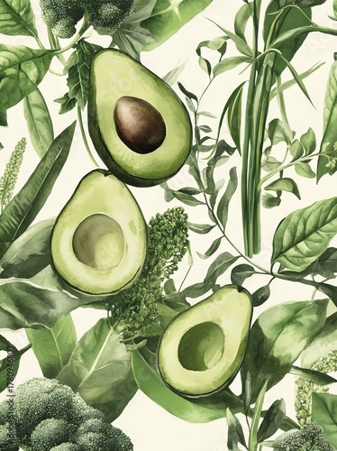For decorating towels and kitchen backgrounds, a seamless pattern with avocado and watercolor design is available