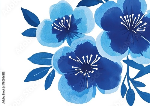Blue spring flowers are beautifully depicted on a white background in a gentle watercolor card