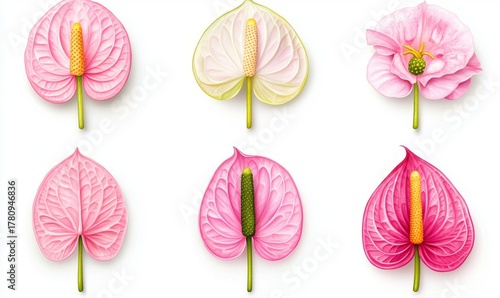 Watercolor anthuriums are illustrated on a white background in this set of flowers