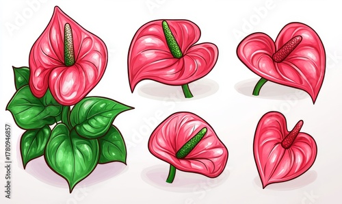 This set of flowers includes watercolor anthuriums set against a white background