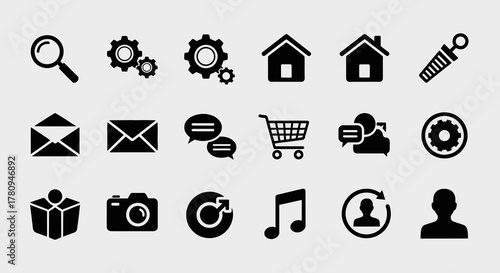 Collection of black interface icons isolated on a light gray background