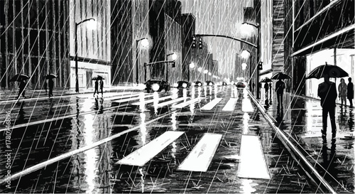 Rainy street with light reflections on pavement, atmospheric urban pencil sketch.