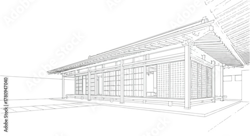Minimalist modern pavilion building line drawing, architectural concept study.