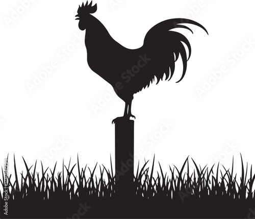 Black silhouette of a rooster standing on a post in grass