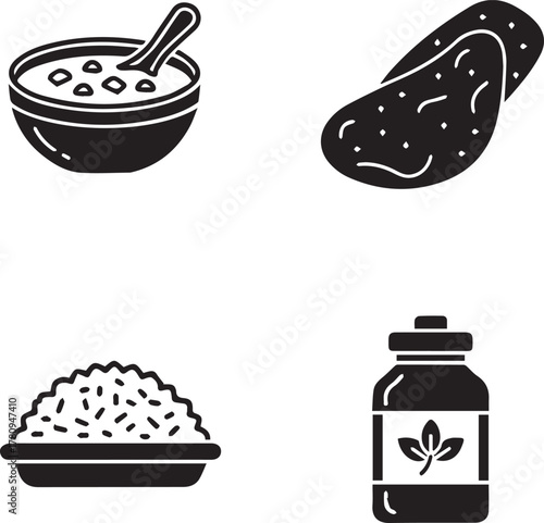 Aromatic Rice, Healthy Soup, and Plant-Based Products A Black and White Icon Set