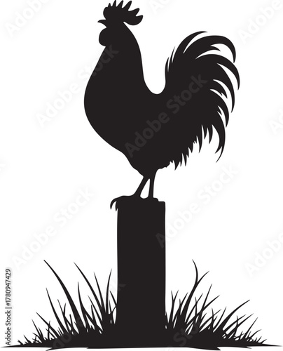 Black silhouette of a rooster standing on a post with grass