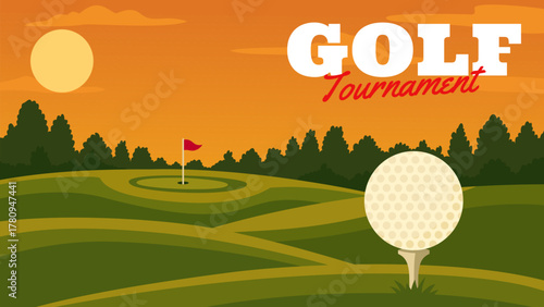 Golf sport club poster with orange sky, ball, tee, red flag and hole. Golf tournament banner in flat sunset landscape illustration. Golf competition background with warm evening light and fairway.