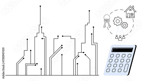 Cityscape with circuit-thumbs up connections, calculator, housing, gears, keys, and users. Ideal for real estate, technology, innovation finance urban planning digital solutions futuristic