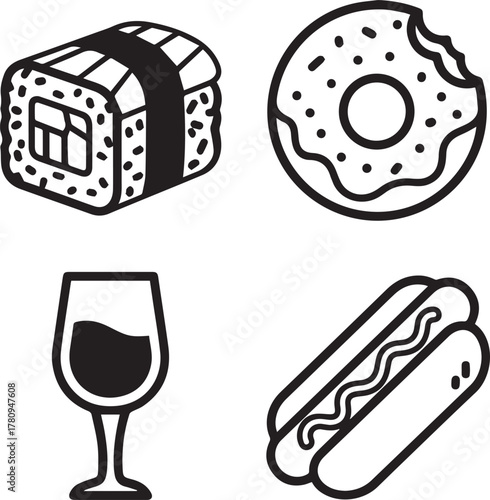 Collection of Food and Drink Icons Sushi, Donut, Wine, and Hotdog