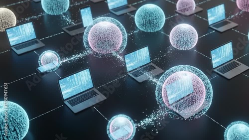 Futuristic Digital Network with Laptops and Data Bubbles.
