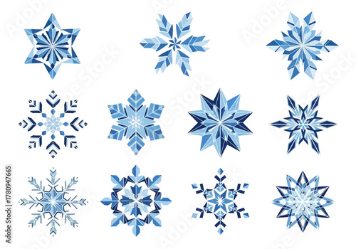 Collection of Twelve Stylized Blue Snowflakes on White Background