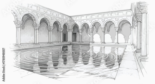 Architectural colonnade with water reflection and rhythmic arches.
