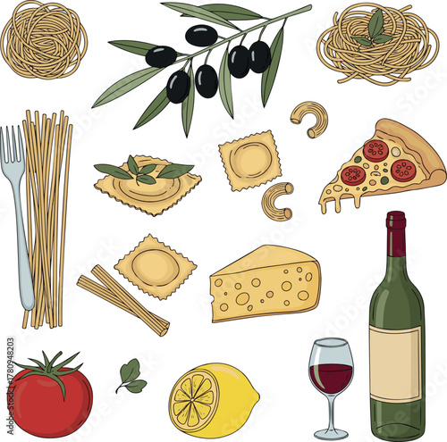 Hand drawn italian food set. Mediterranean lunch and dinner icons in doodle style. Pasta, olive, pizza, cheese, tomato, lemon, wine. Dolce vita aesthetics. Perfect for print, design menu, vector art.