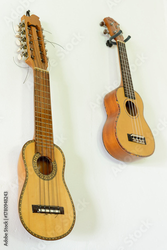 Wooden Instruments - Guitars, Ukelele, Charango - on a white wall