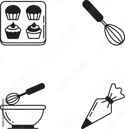 Black and white vector icons illustrating essential baking tools cupcakes, whisk, mixing bowl, and pastry bag