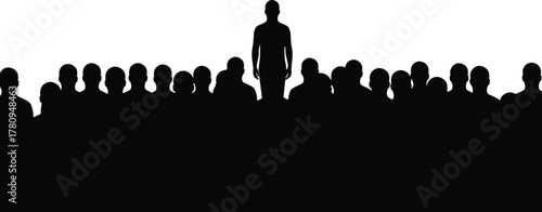 Silhouette, people, standing, crowd, leader, individuality, contrast, black, white, group, motionless, posture, unity, separation, elevated, center, design, reference, gesture, concept
