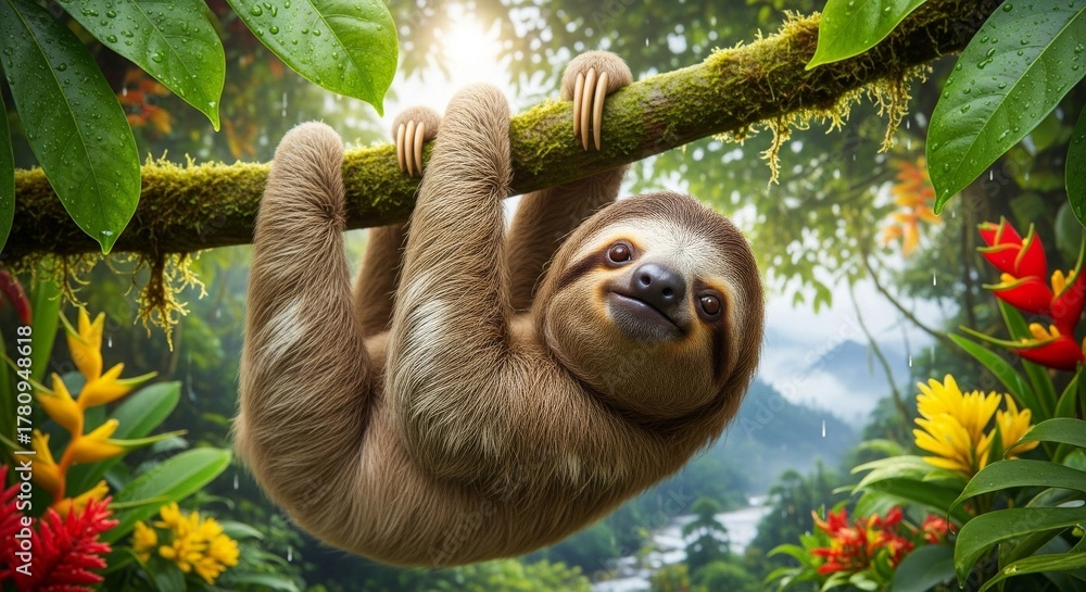Obraz premium Sloth hanging from a tree branch surrounded by lush tropical foliage and flowers