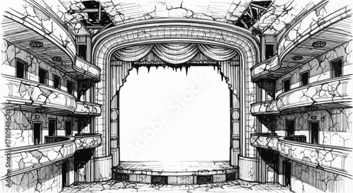 Interior view of classical theater with ornate balconies and stage.