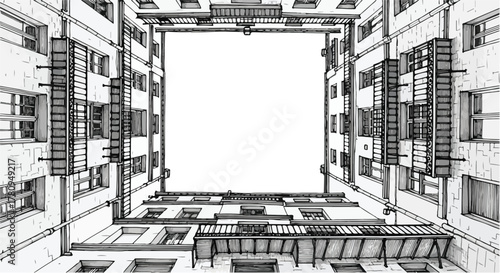 Framed architectural square formed by tall building perspective view.