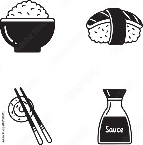 Collection of Japanese Food Icons Rice Bowl, Sushi, Chopsticks, and Soy Sauce Bottle