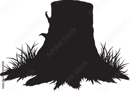 Black silhouette of a tree stump with grass white background