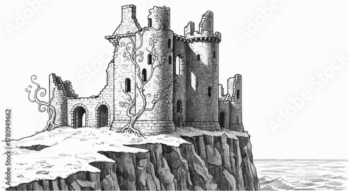 Ancient stone fortress on cliff by sea, historical architectural drawing.
