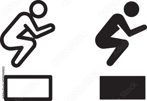 squatting or jumping pose, one in outline and the other in silhouette, positioned above a rectangle, symbolizing action or readiness, isolated on a icon on