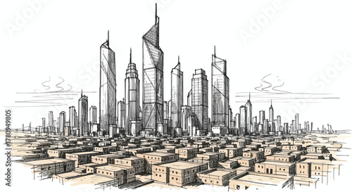 Modern skyline rising above dense urban blocks, architectural city drawing in fine perspective.