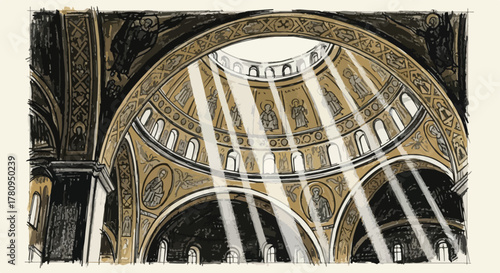 Interior cathedral dome with sunlight rays, ornate architectural sketch showing structure and depth.