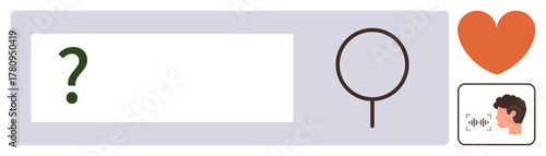 Question mark, magnifying glass, heart icon, and person speaking represent search processes, user input, and engagement. Ideal for technology, communication, interaction love curiosity AI user