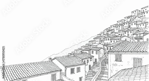 Hillside town with stacked houses, panoramic architectural drawing with depth and detail.