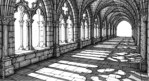 Stone cloister corridor with gothic arches and light, historical architectural illustration.