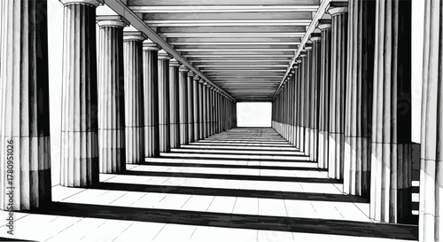 Long colonnade corridor with repeating pillars, strong perspective architectural drawing.