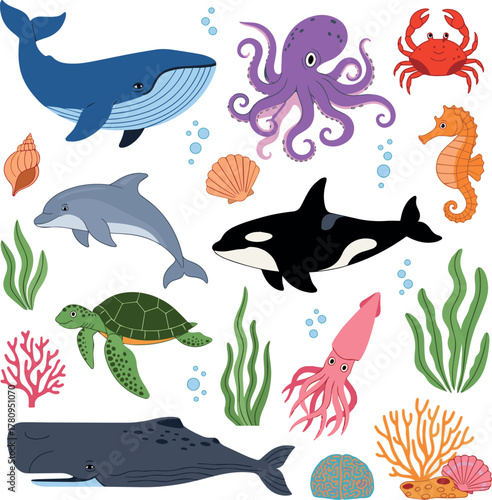 Isolated a Hand drawn sea animals set. Wild marine life, seashells, fish, seaweed and corals. Whale, octopus, crab, seahorse, dolphin, killer whale, turtle, squid, cachalot. vector art ..
