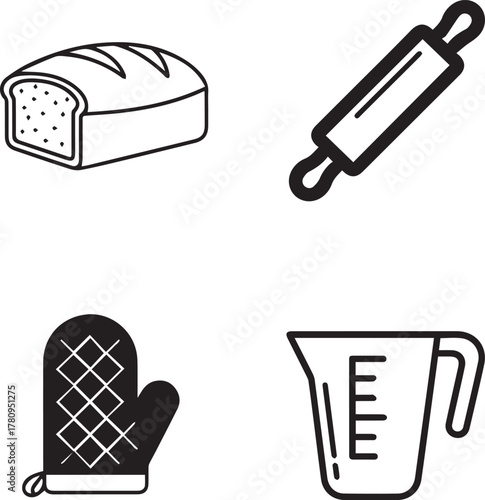 Essential Baking and Kitchen Utensils Monochrome Graphic Icons for Cooking and Food Preparation