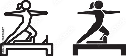 Silhouette of a woman performing a pilates exercise on a reformer machine, shown in both outline and solid black, representing fitness and physical activity icon on